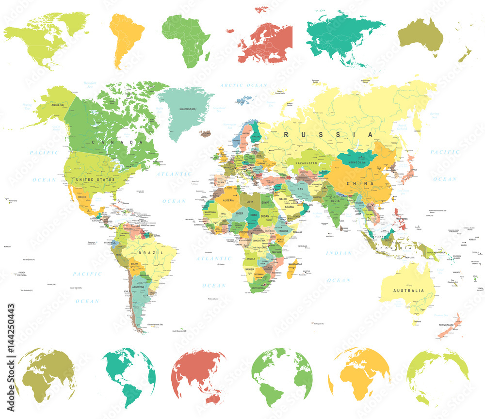 Fototapeta Kolorowa mapa świata i globusy