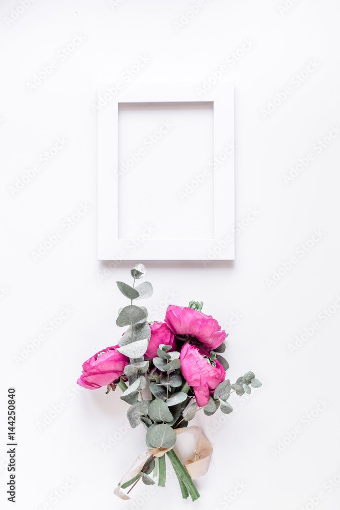 Floral pattern with bright flower on white background top view mockup Floral pattern with bright flower on white background top view mockup