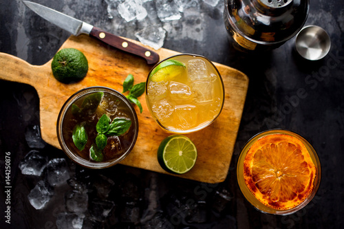 Overhead view of drinks on black background