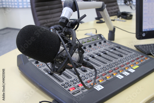 Radio station. Microphone in a recording studio