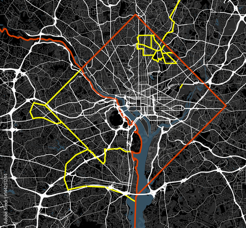 Black and white map of Washington city. District of Columbia Roads