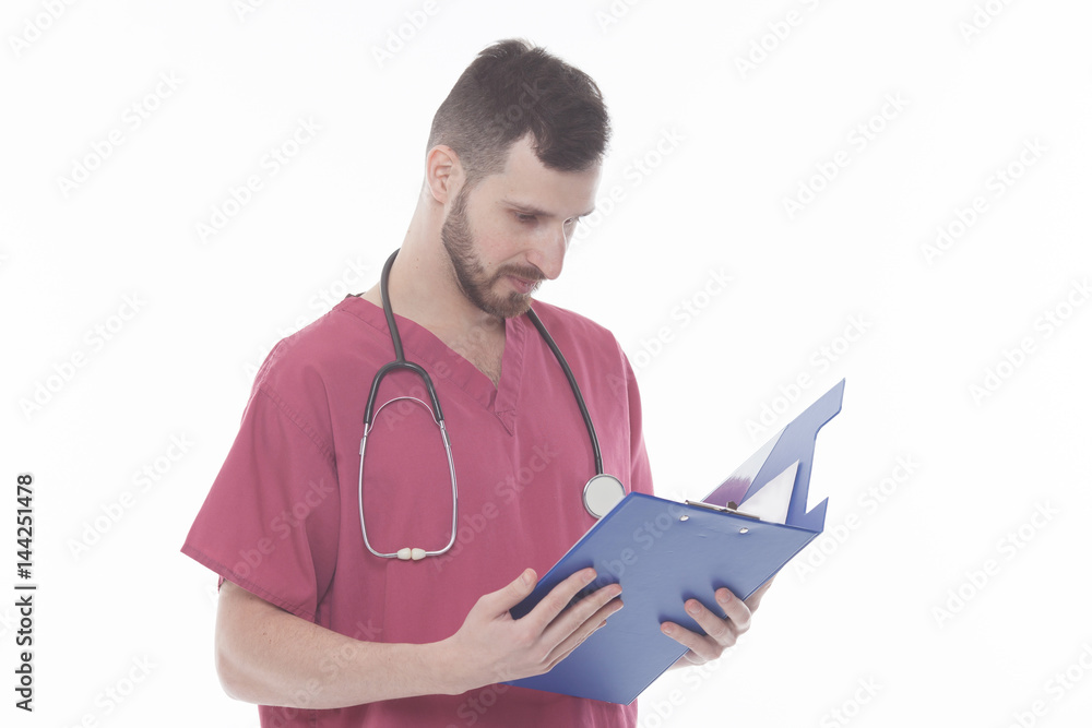 portrait of medical doctor reading a report document portrait of medical doctor reading a report document