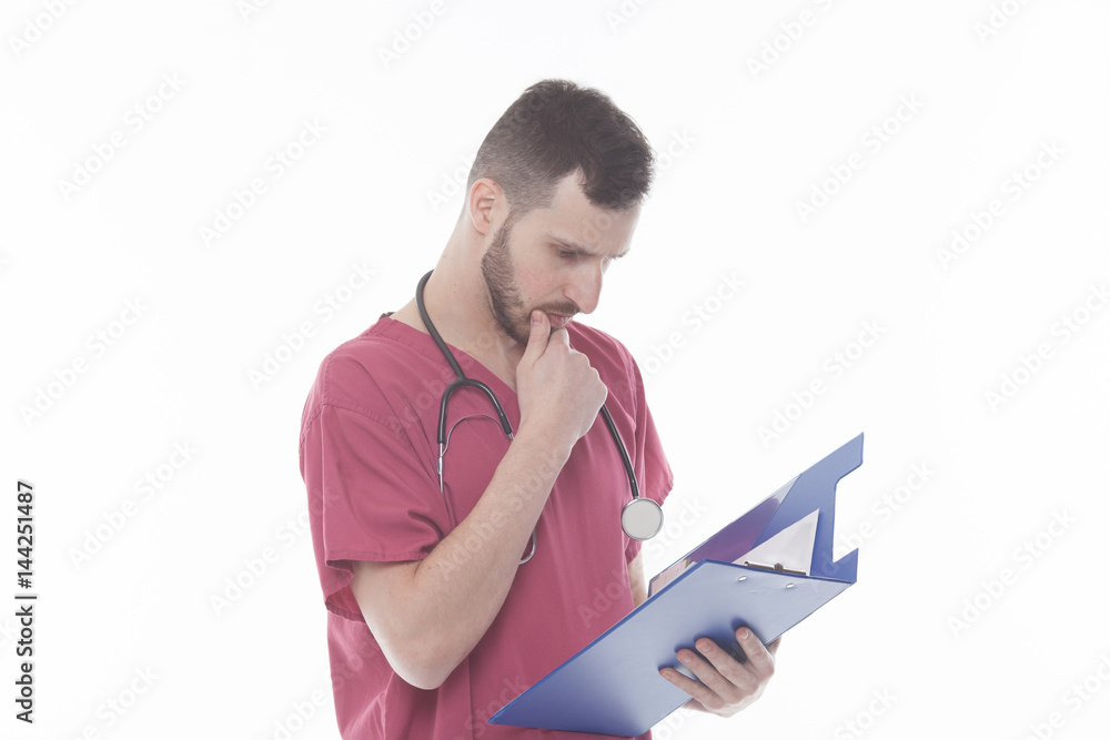 portrait of medical doctor reading a report document portrait of medical doctor reading a report document
