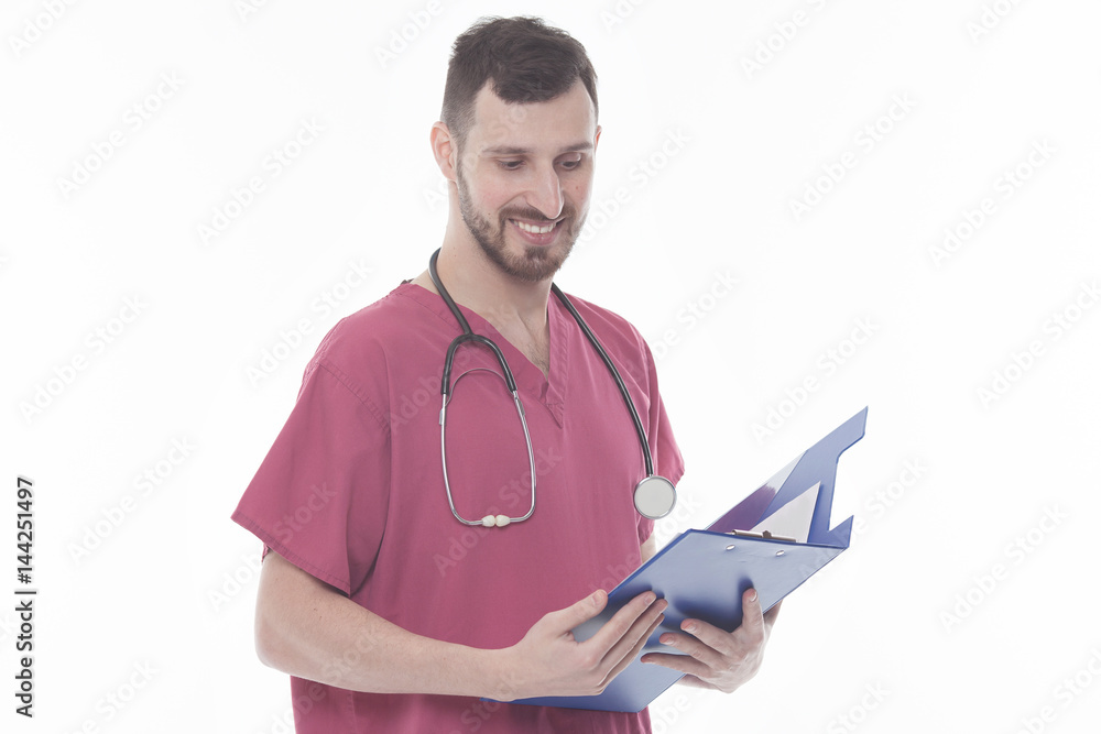 portrait of medical doctor reading a report document portrait of medical doctor reading a report document