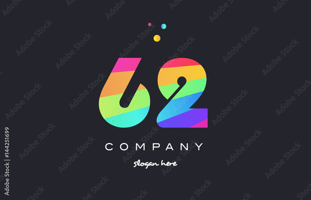 62 sixty two colored rainbow creative number digit numeral logo icon