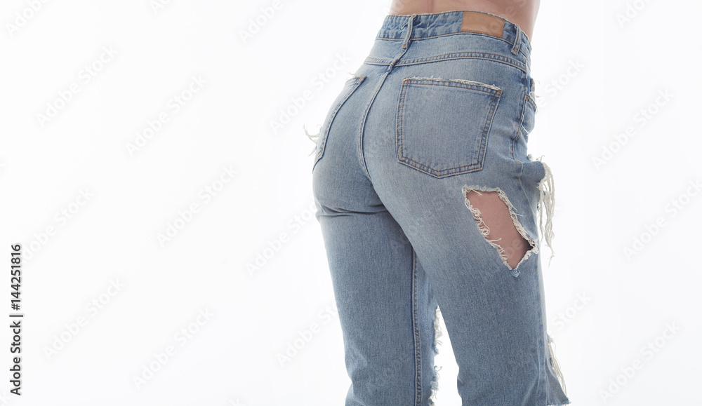 Fit female butt in blue jeans, isolated on white. Slim body. Pretty sexy  woman model with amazing body. Hot buttocks. Stock Photo | Adobe Stock