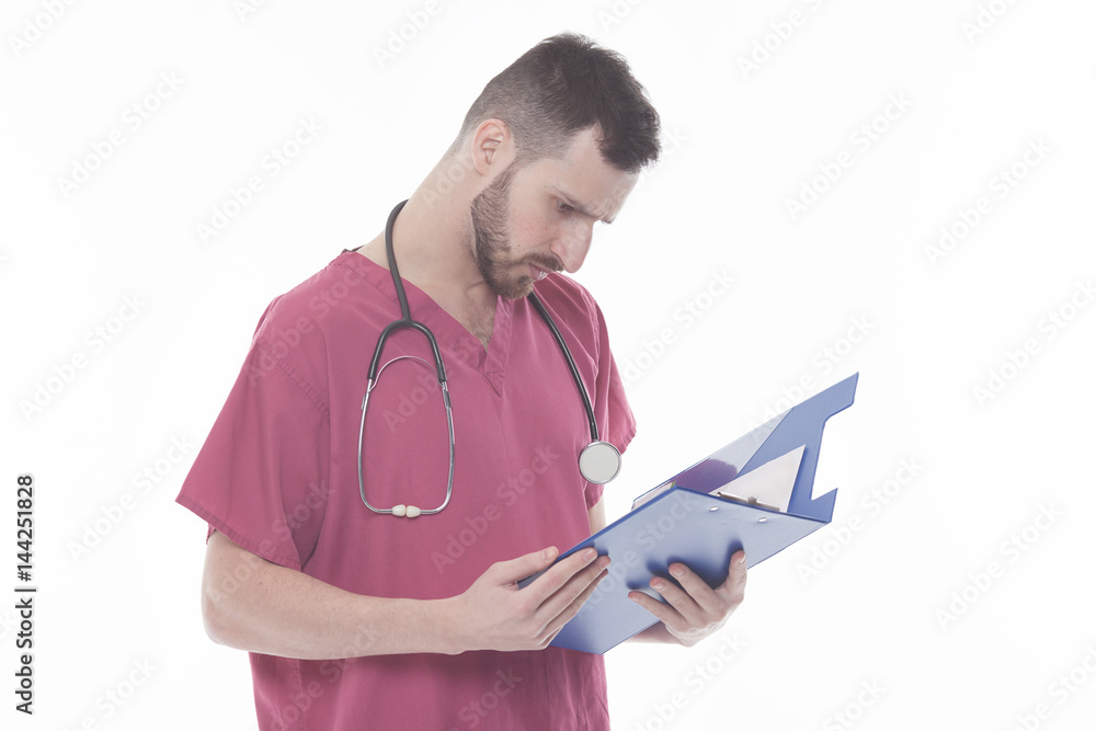 portrait of medical doctor reading a report document portrait of medical doctor reading a report document