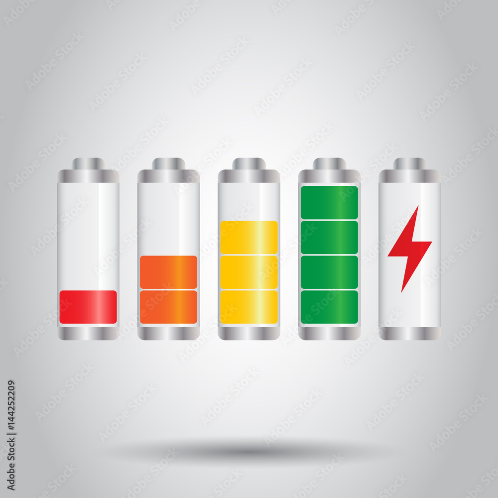 Set of battery charge level indicator. Vector illustration on gray background. Set of battery charge level indicator. Vector illustration on gray background.