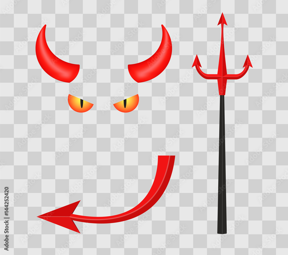 Devil horns, trident, eyes and tail isolated on transparent checkered