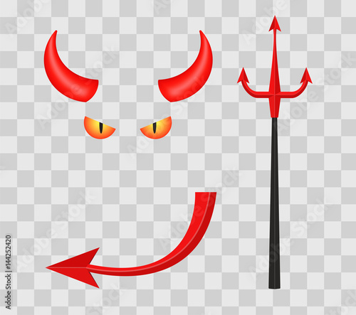 Devil horns, trident, eyes and tail isolated on transparent checkered background. Vector illustration.