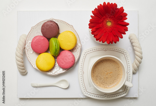 Romantic breakfast with coffee and macaroons