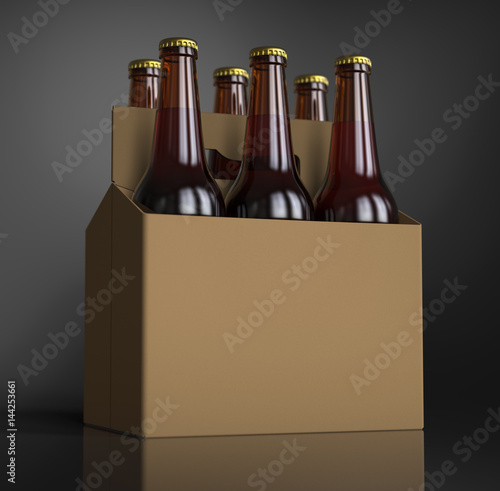 Fotografie Closeup of a Six brown beer bottles in cardboard box