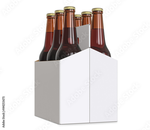 Six-pack cardboard carrier bottles of beer. 3D render, isolated on white background