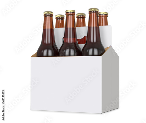 Six pack of Brown beer bottles in blank carrier. 3D render, isolated isolated over a white background