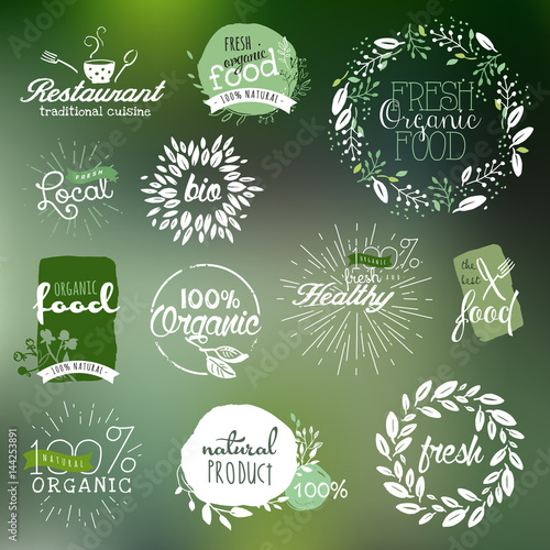 Hand drawn labels and elements collection for organic food and drink, natural products, restaurant, healthy food market and production, on the nature background. Vector illustrations.