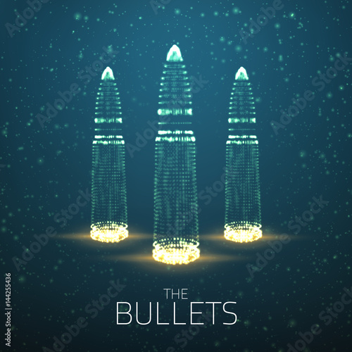 Abstract vector turquoise background with glowing bullet. Cloud of shining points in the shape of a bullet. Futuristic style card. Eps10