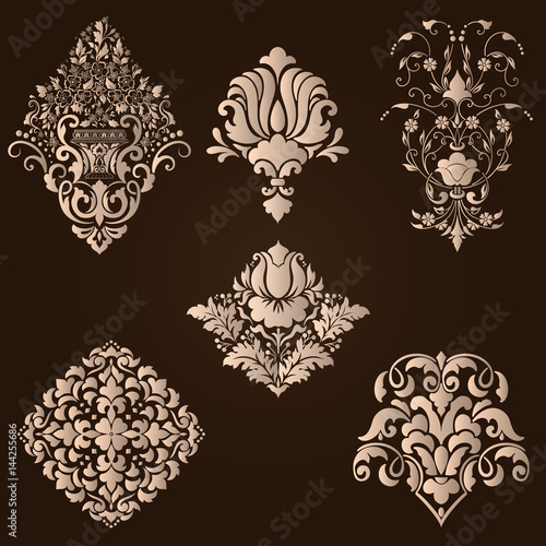 Vector set of damask ornamental elements. Elegant floral abstract elements for design. Perfect for invitations, cards etc.