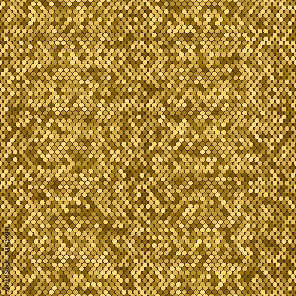 Seamless abstract pattern of golden mosaic. Bright shiny round