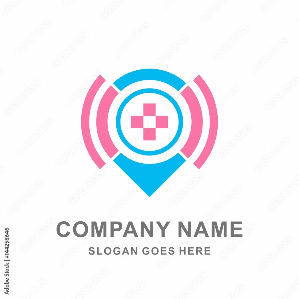 Obraz premium Medical Pharmacy Cross Signal Location Mobile Phone Apps Hospital Clinic Business Company Stock Vector Logo Design Template 