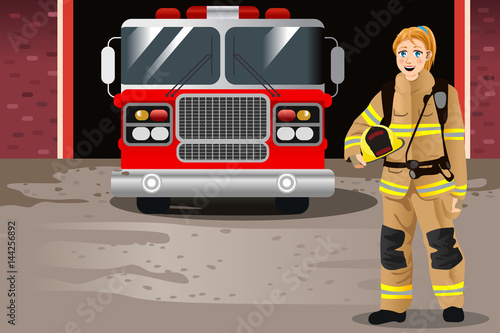 Female Firefighter in Front of Fire Station