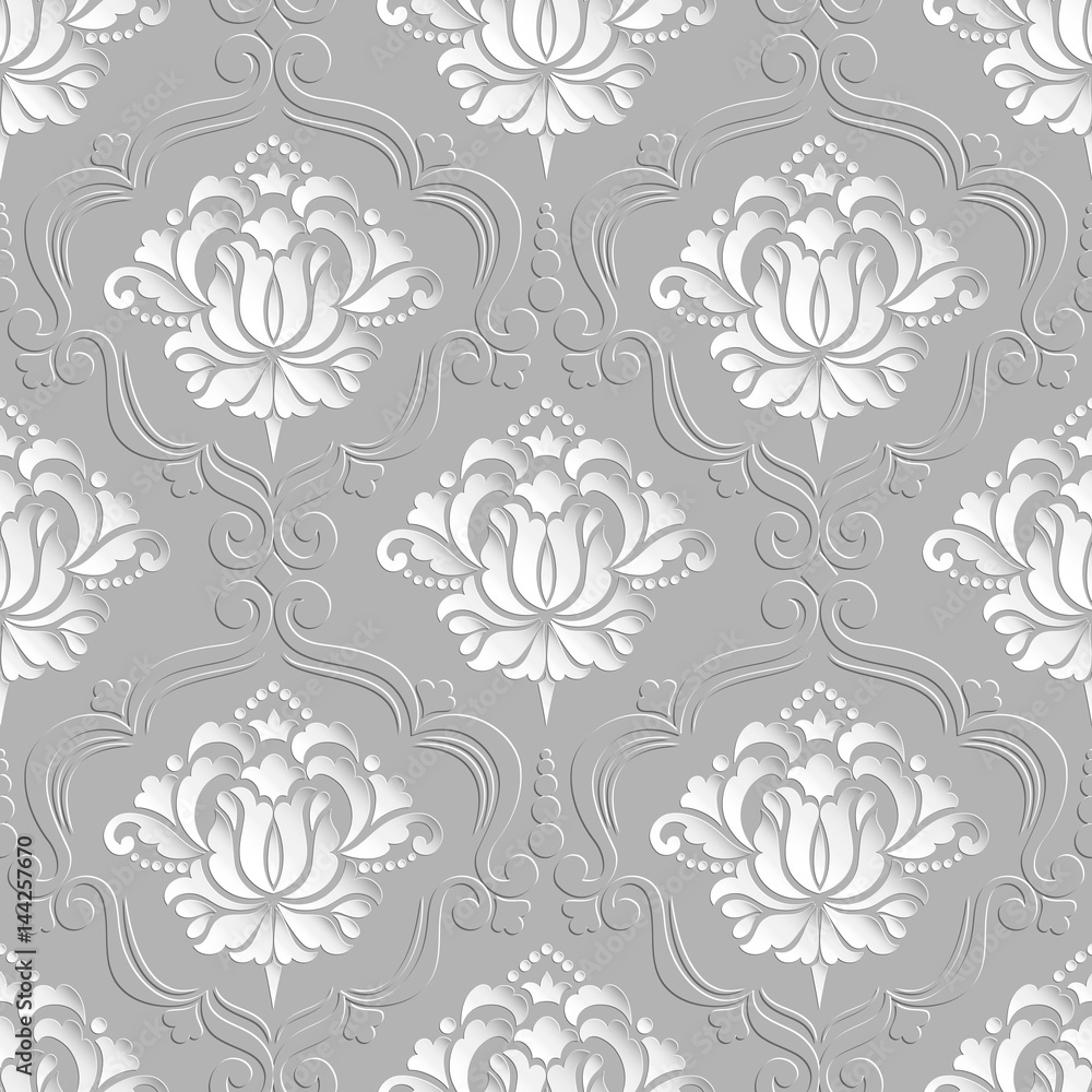 Vector damask seamless pattern background. Elegant luxury texture for wallpapers, backgrounds and page fill. 3D elements with shadows and highlights. Paper cut.