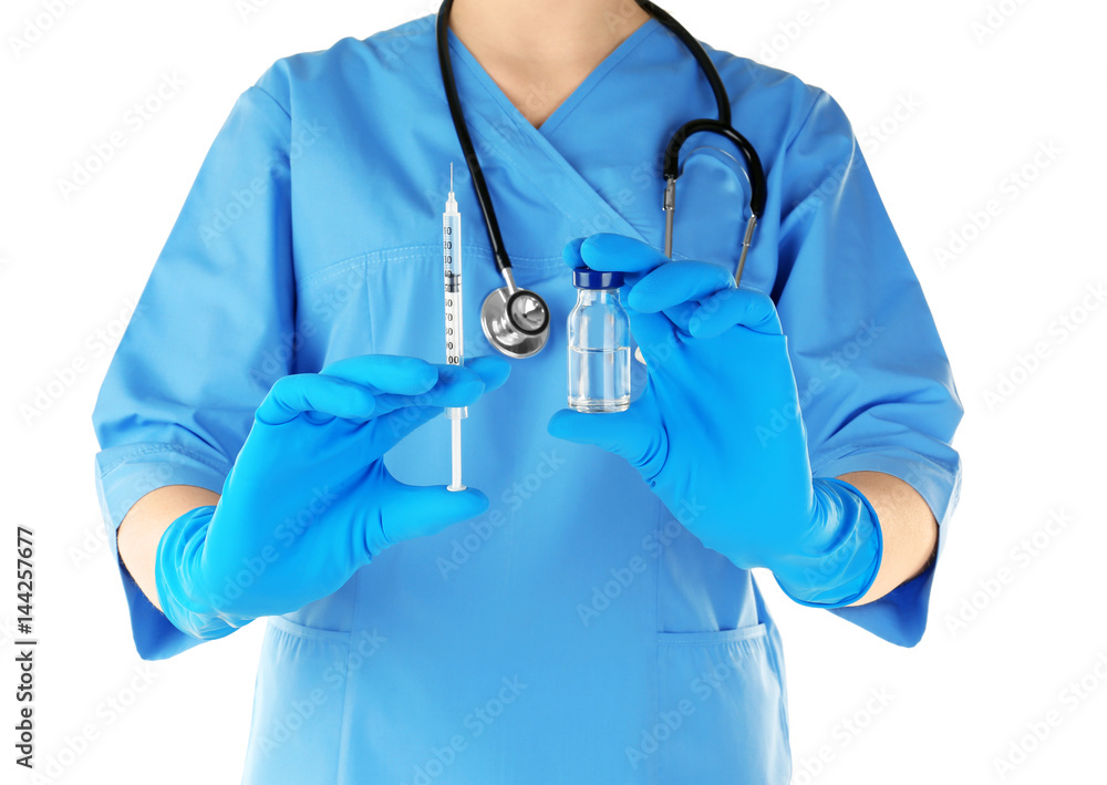 Nurse with syringe and medicine for vaccination on white background, closeup Nurse with syringe and medicine for vaccination on white background, closeup
