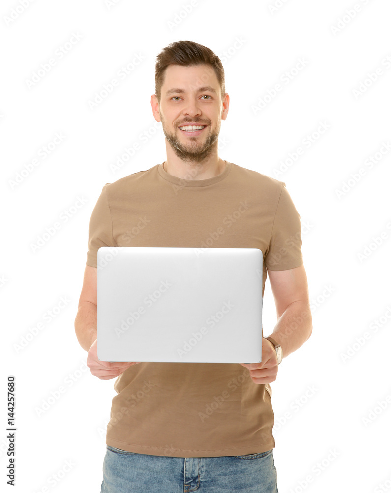 Handsome young man with laptop on white background Handsome young man with laptop on white background