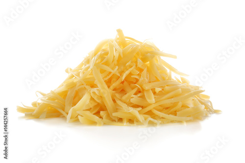 Pile of grated cheese on white background