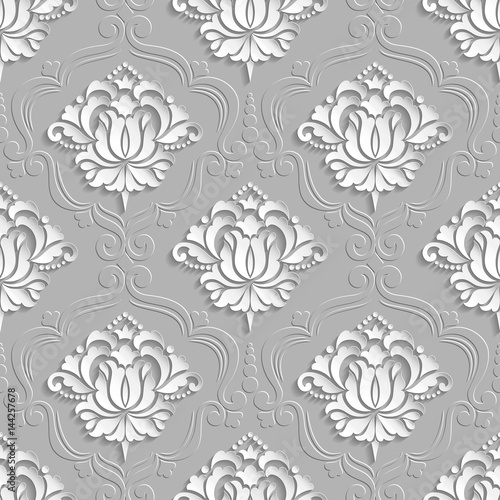 Vector damask seamless pattern background. Elegant luxury texture for wallpapers, backgrounds and page fill. 3D elements with shadows and highlights. Paper cut.