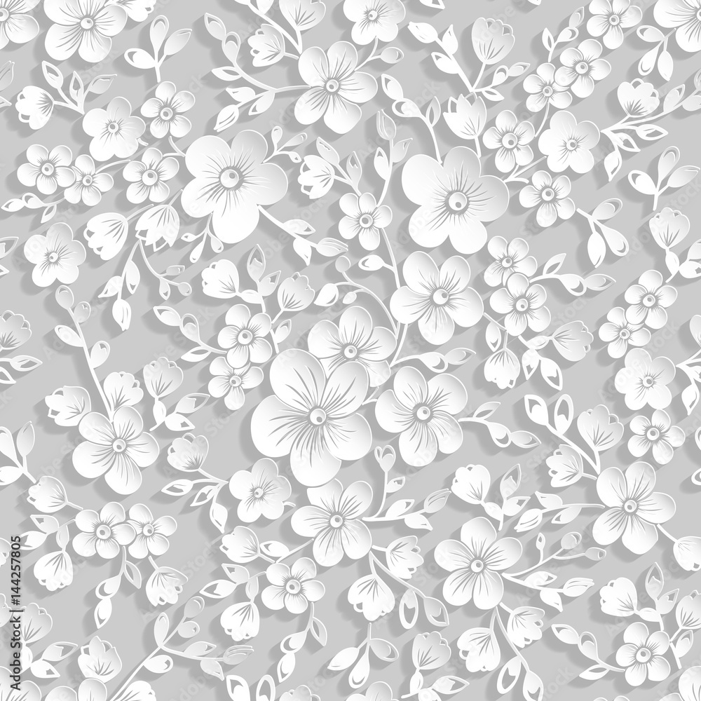 Fototapeta Wektorowy grayscale Sakura kwiatu bezszwowy deseniowy element. Elegancka tekstura dla tła. Elementy 3D z cieniami i pasemkami. Wycinanka. Kwiat Wiśni