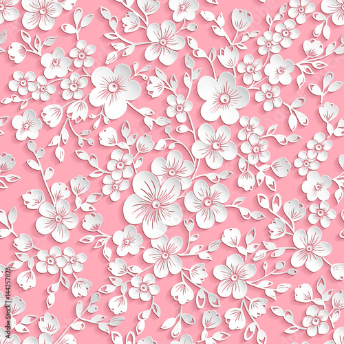 Vector red sakura flower seamless pattern element. Elegant texture for backgrounds. 3D elements with shadows and highlights. Paper cut. Cherry blossom