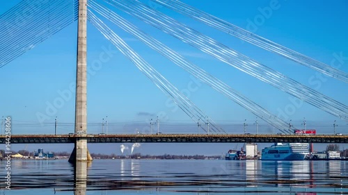 Ship and bridhe timelapse photo