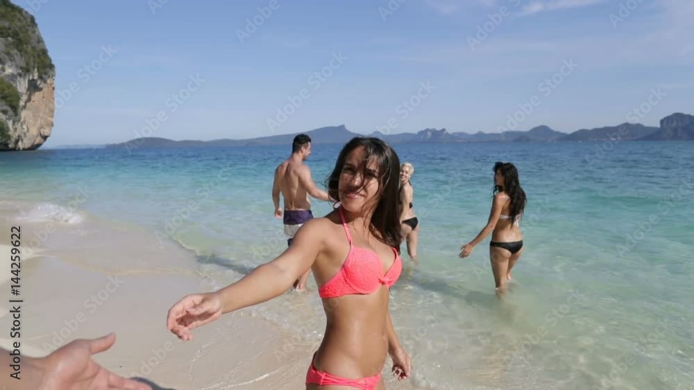 Woman Leading Man To Water, Couple Walking On Beach Holding Hands, Tourists On Sea Vacation Slow Motion 120 Woman Leading Man To Water, Couple Walking On Beach Holding Hands, Tourists On Sea Vacation Slow Motion 120