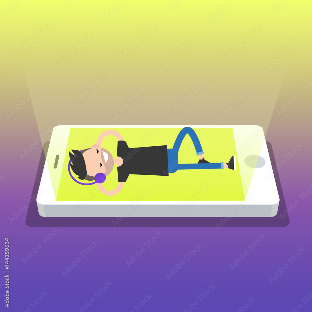 Fototapeta premium Happy young man with headphones listening to music on a smartphone screen. Top view / flat editable vector illustration