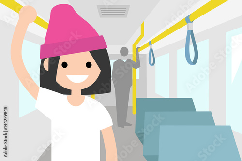 Young passenger riding by bus / flat editable vector illustration, clip art