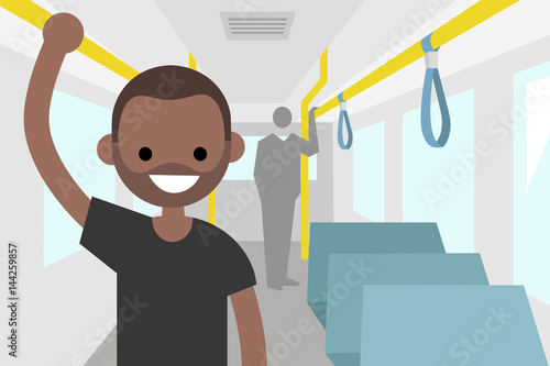 Young black passenger riding by bus / flat editable vector illustration, clip art
