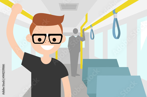 Young passenger riding by bus / flat editable vector illustration, clip art
