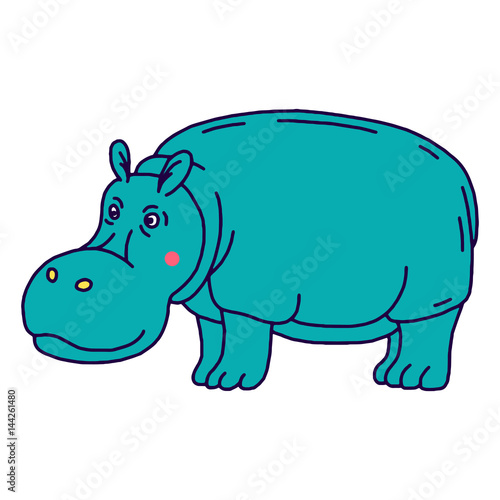 Cartoon animal  cute hippo on green backgrounds.