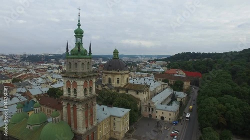 AERIAL flight over ancient church in Lviv. photo