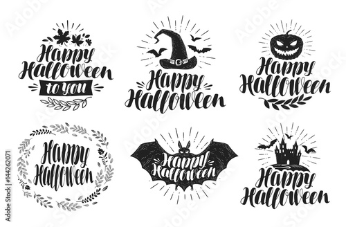 Halloween, label set. Holiday symbol or logo. Handwritten lettering, vector illustration