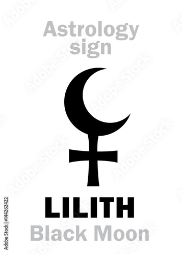 Astrology Alphabet: LILITH (Black Moon), false fictive moon, apogee point of lunar orbit (empty focus). Hieroglyphics character sign (single symbol).
