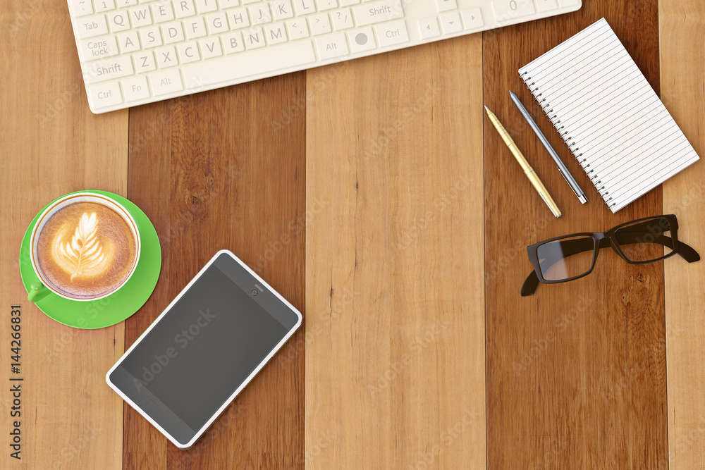 Office desk with notebook glasses keyboard coffee cup and phone top view on wood background.3D illustration. Office desk with notebook glasses keyboard coffee cup and phone top view on wood background.3D illustration.