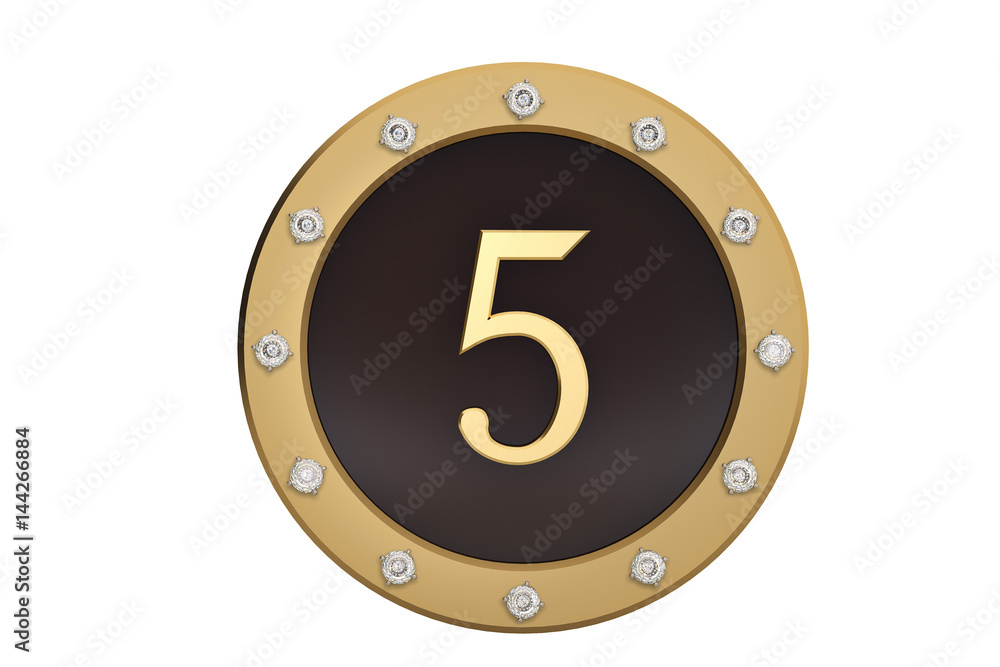 Golden and diamond framed with number 5 on white background.3D illustration. Golden and diamond framed with number 5 on white background.3D illustration.