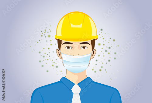 Engineer wearing breath mask and Safety Helmet for protect dust particles and accident when he working. 