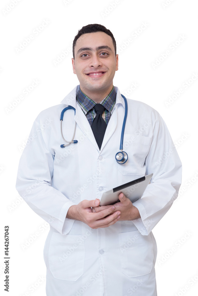 Doctor holding a tablet computer while using it isolated on white background Doctor holding a tablet computer while using it isolated on white background