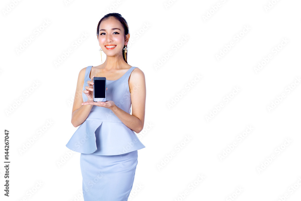 Young Business woman smile show mobile isolated on white background, model is a asian beauty Young Business woman smile show mobile isolated on white background, model is a asian beauty