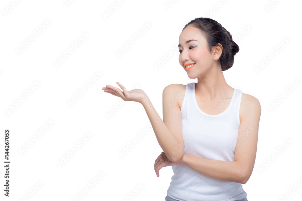 Beauty spa woman with perfect face skin Portrait. Beautiful Spa Girl showing empty copy space on the open hand palm for text. Proposing a product. Beauty spa woman with perfect face skin Portrait. Beautiful Spa Girl showing empty copy space on the open hand palm for text. Proposing a product.