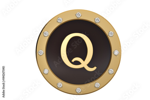 Golden and diamond framed with alphabet Q on white background.3D illustration. photo