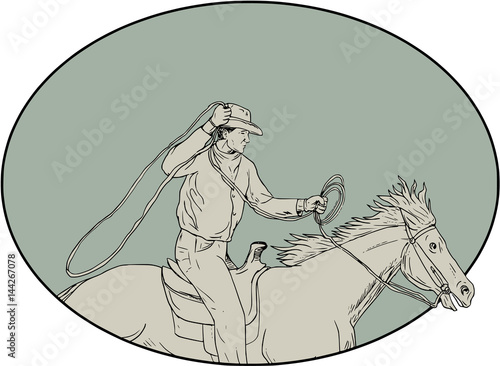 Cowboy Riding Horse Lasso Oval Drawing