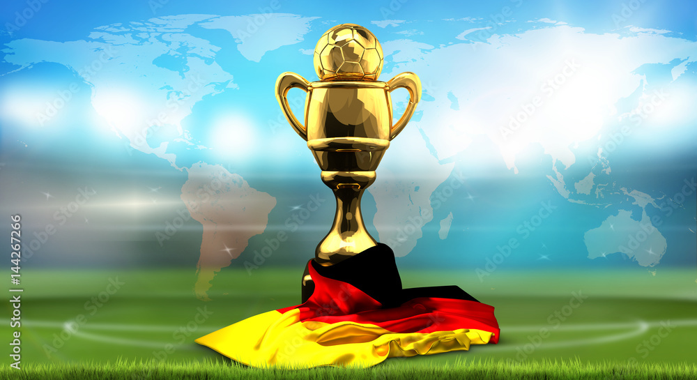 world map. Germany flag with golden trophy soccer cup. 3d rendering ...